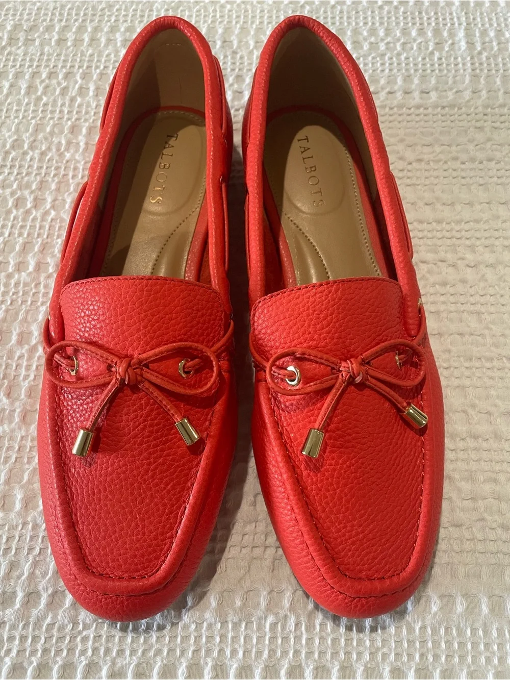 Talbots Coral Red Pebbled Leather Loafers with Bow
